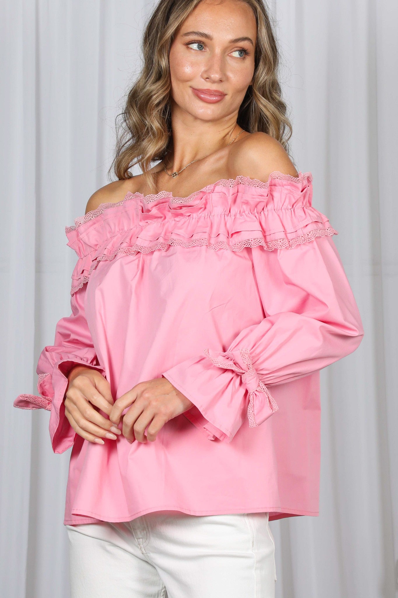 Rebecca Romantic Off Shoulder Ruffle Blouse Pink