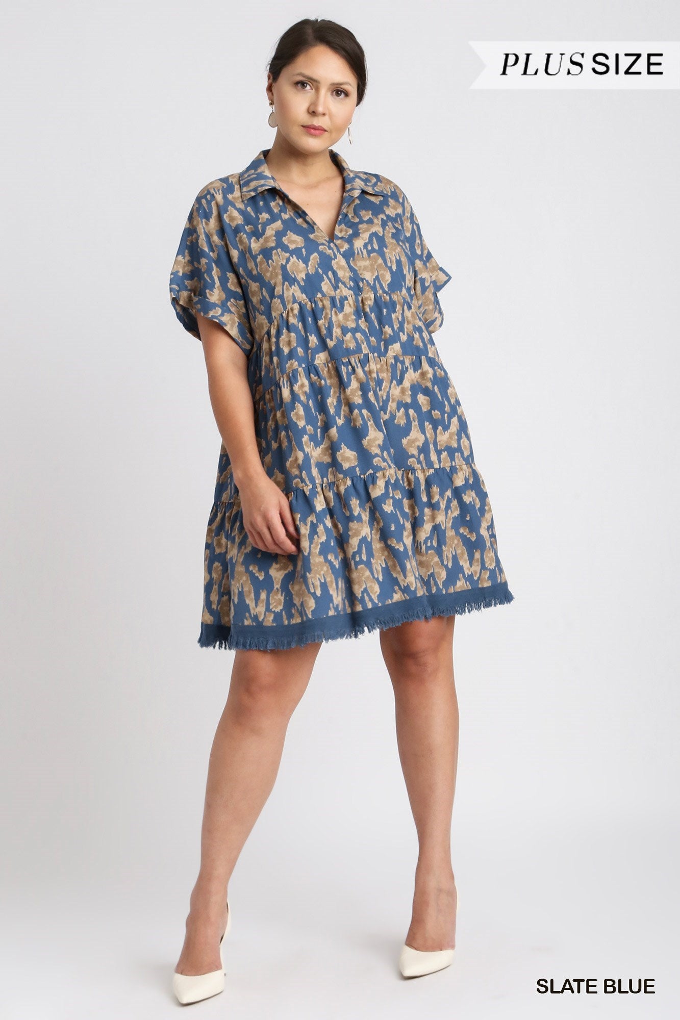 Allie Animal Print Split Neck Dress Slate Blue