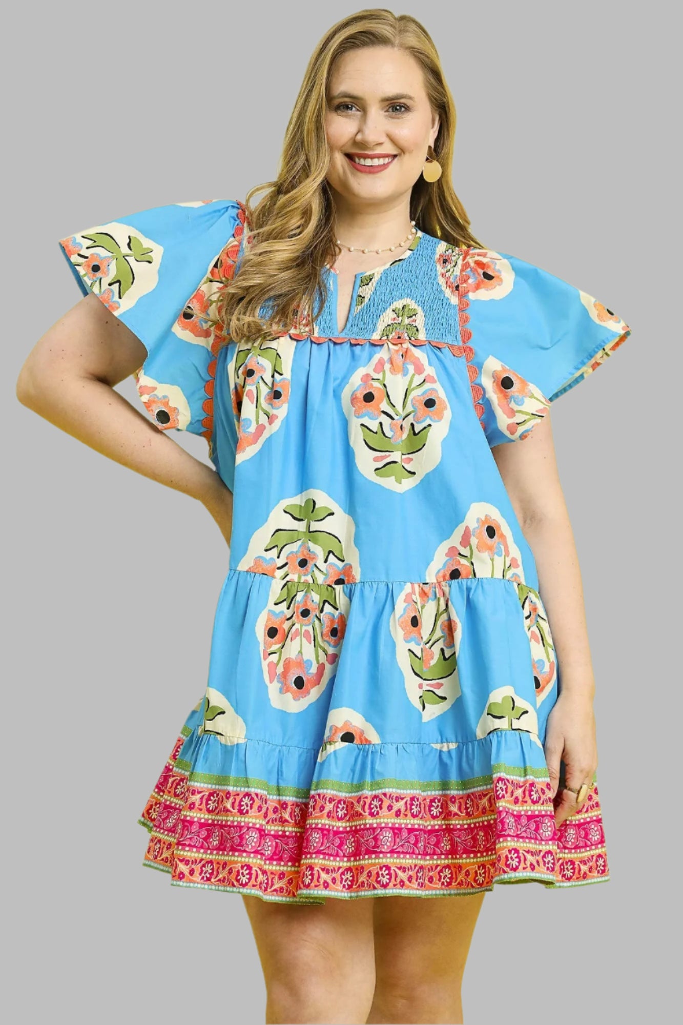 Echo Floral Boho Tiered Mini Dress Blue