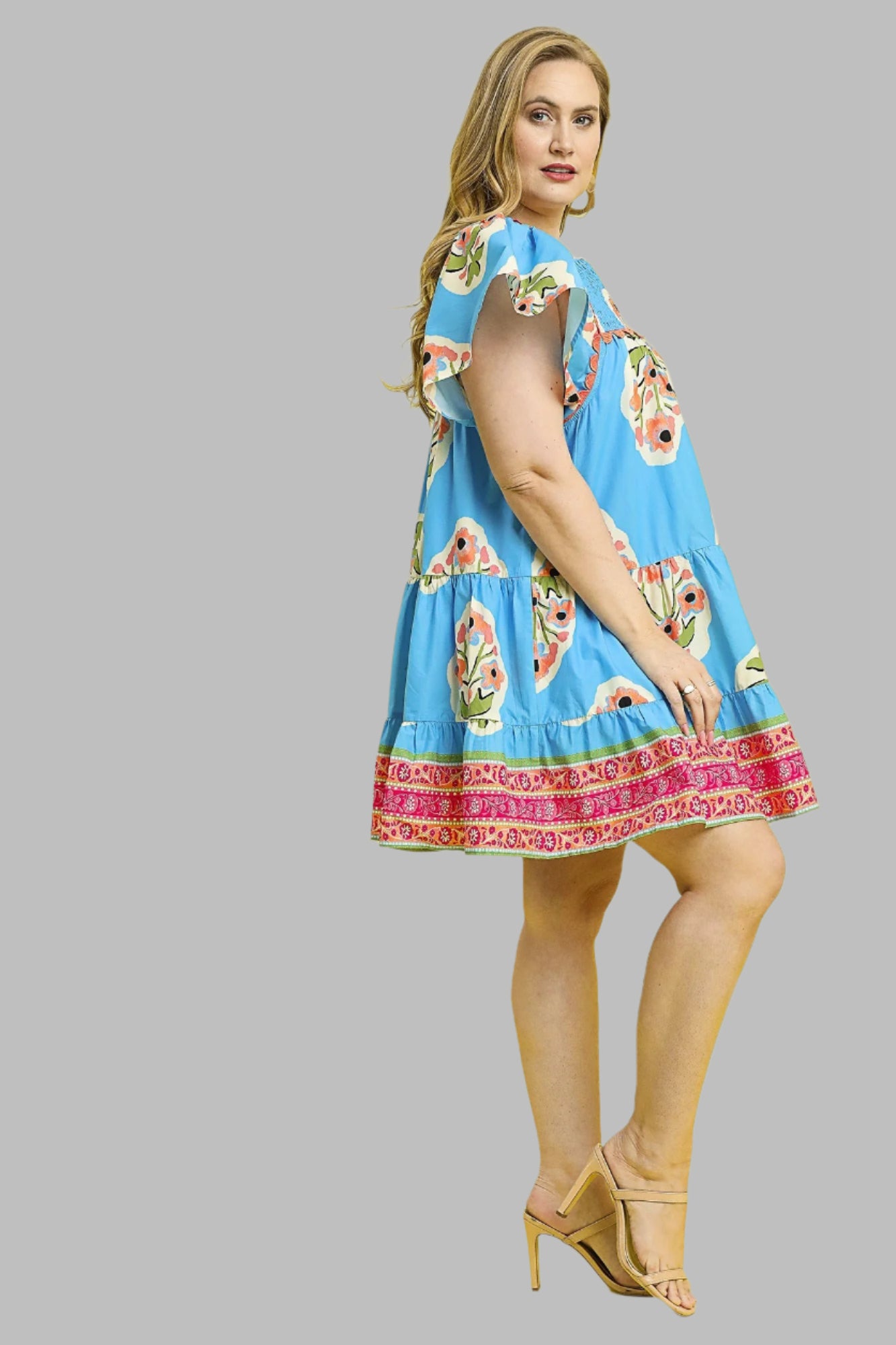 Echo Floral Boho Tiered Mini Dress Blue