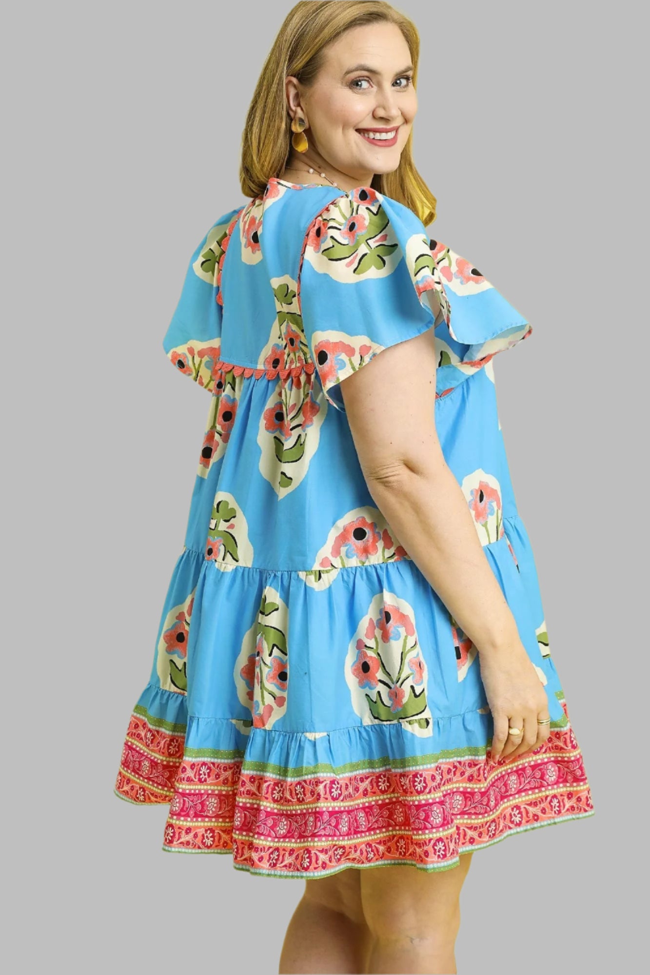 Echo Floral Boho Tiered Mini Dress Blue