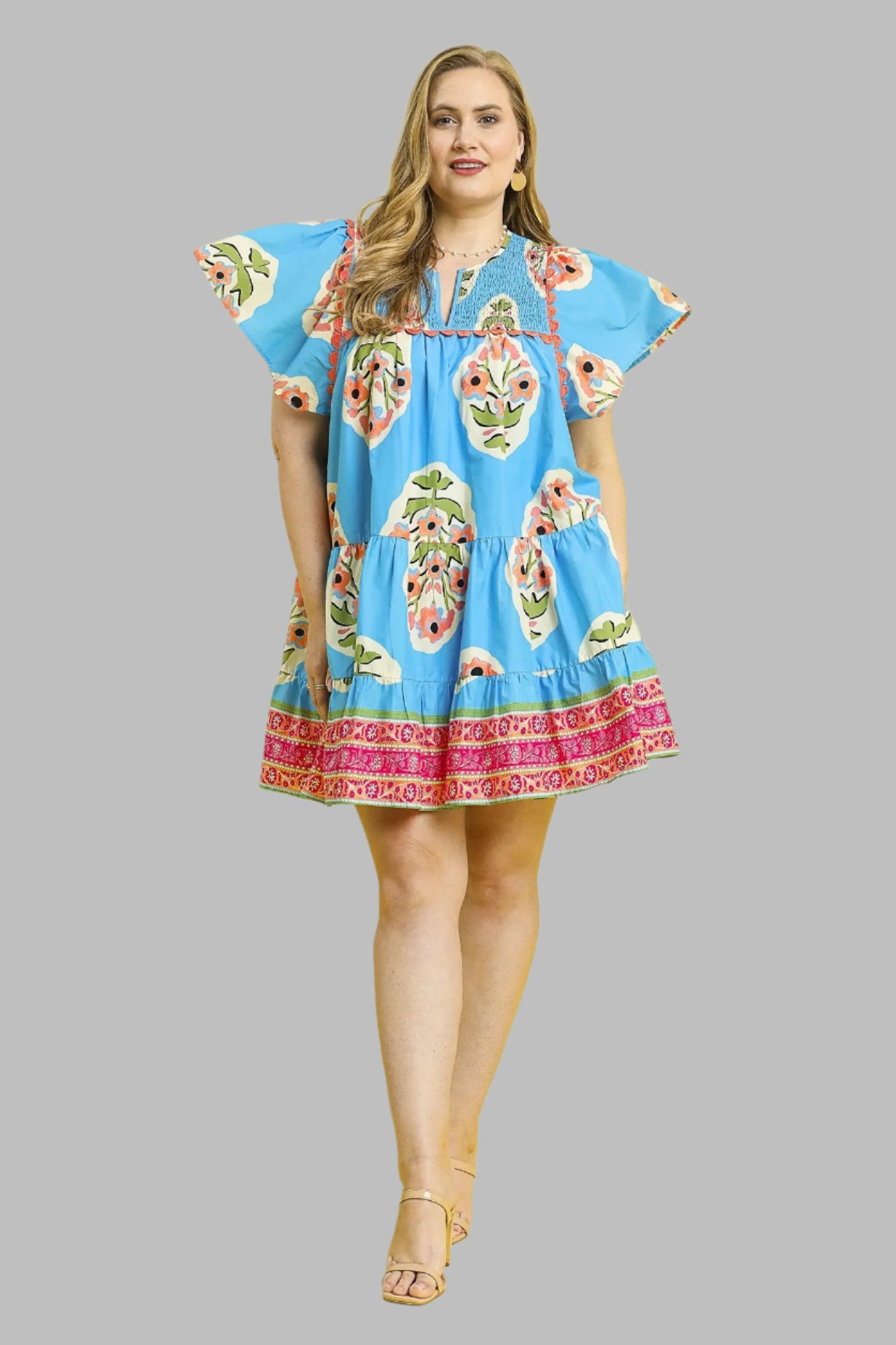 Echo Floral Boho Tiered Mini Dress Blue