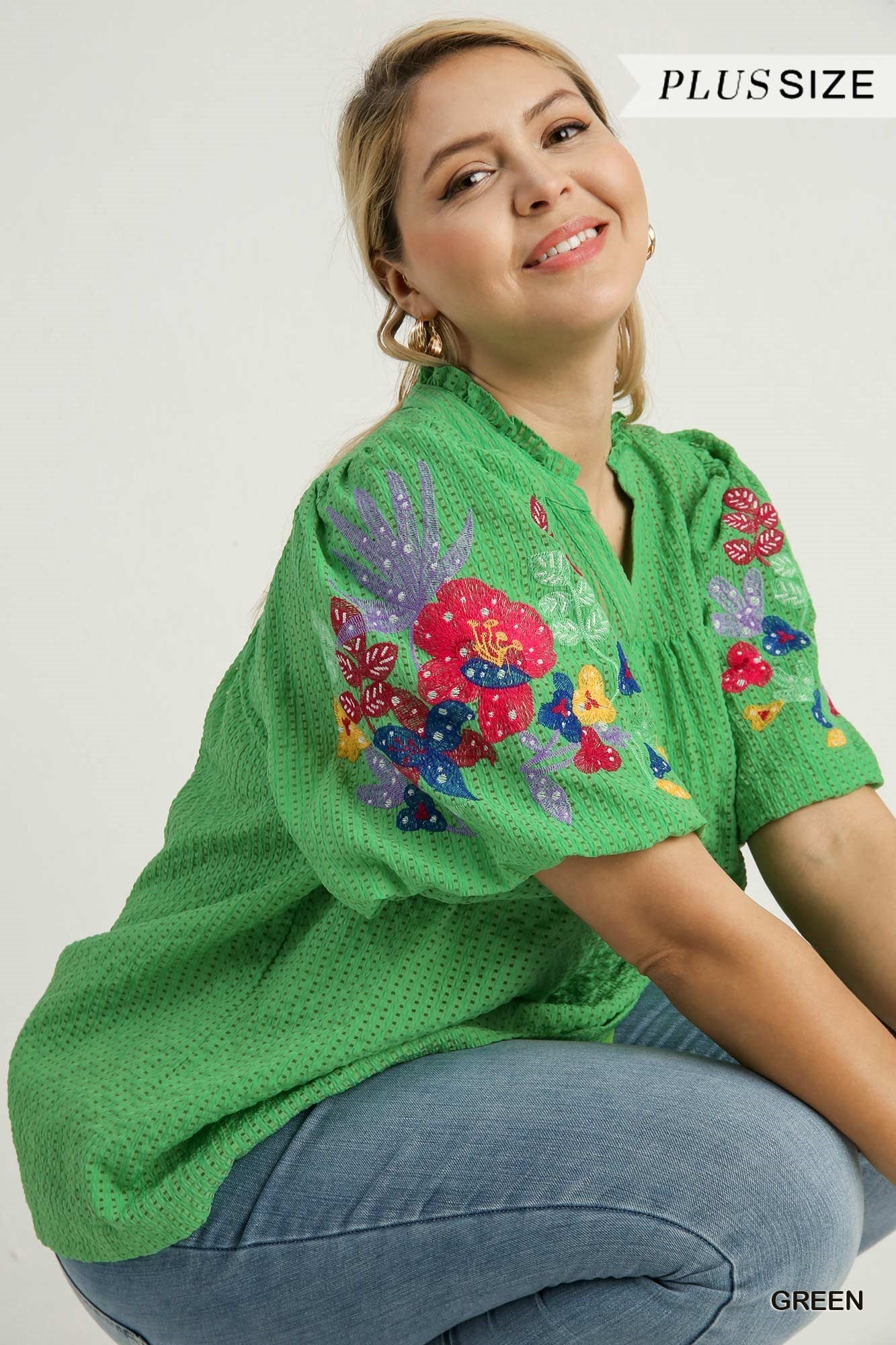 Emma Embroidery Sleeve Top Green