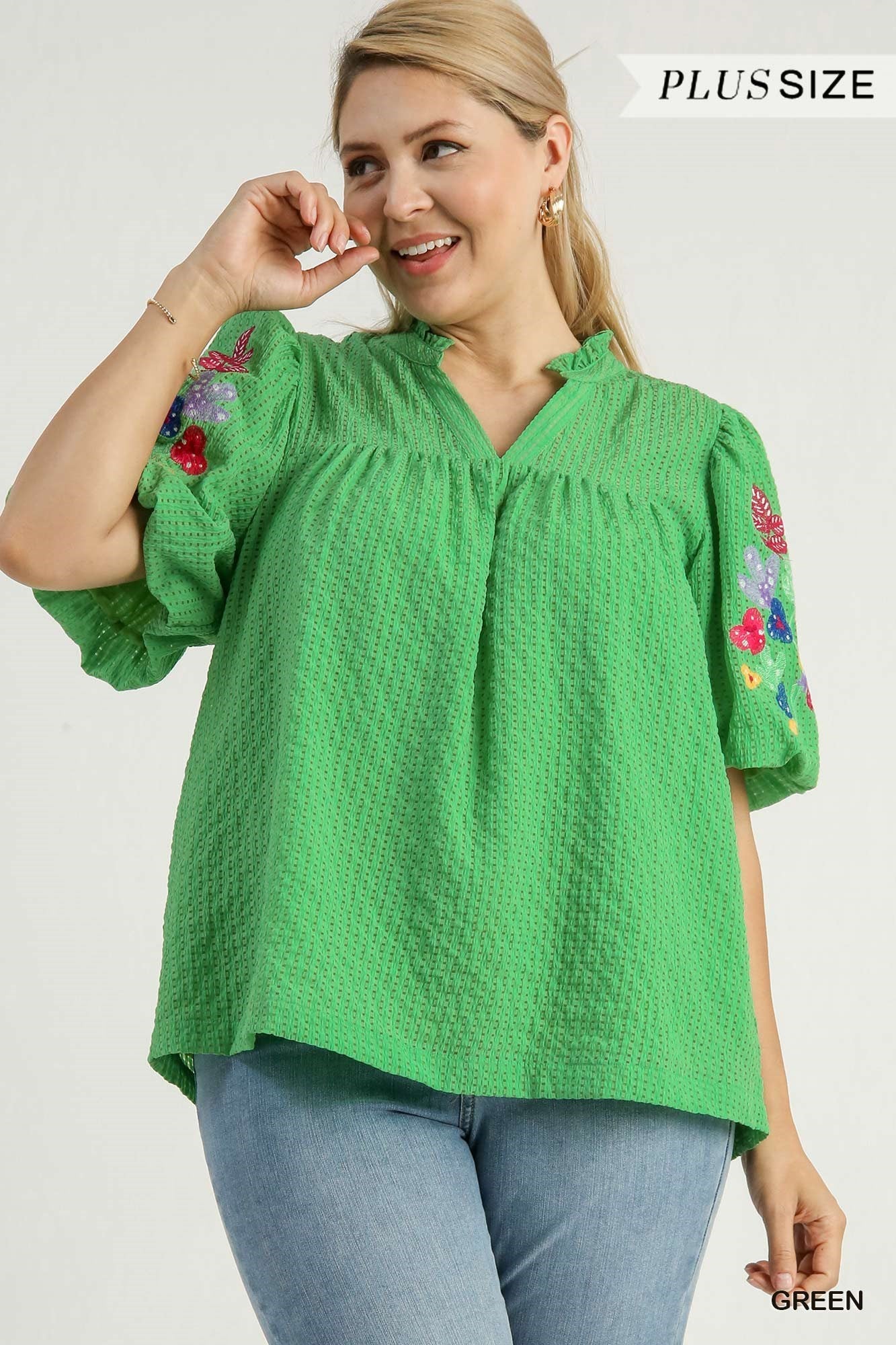 Emma Embroidery Sleeve Top Green