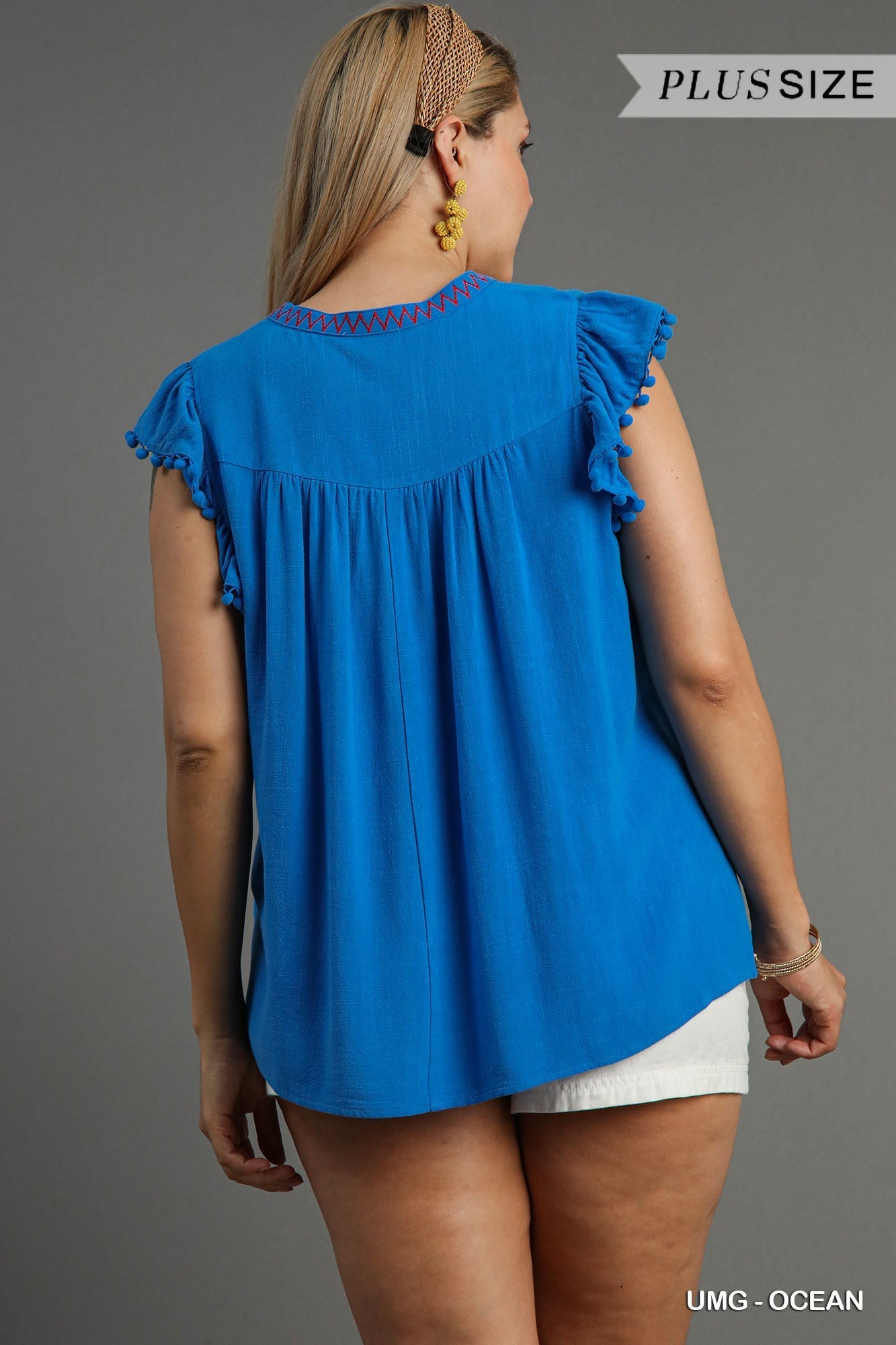 Paige Embroidery & Pom Pom Top Ocean