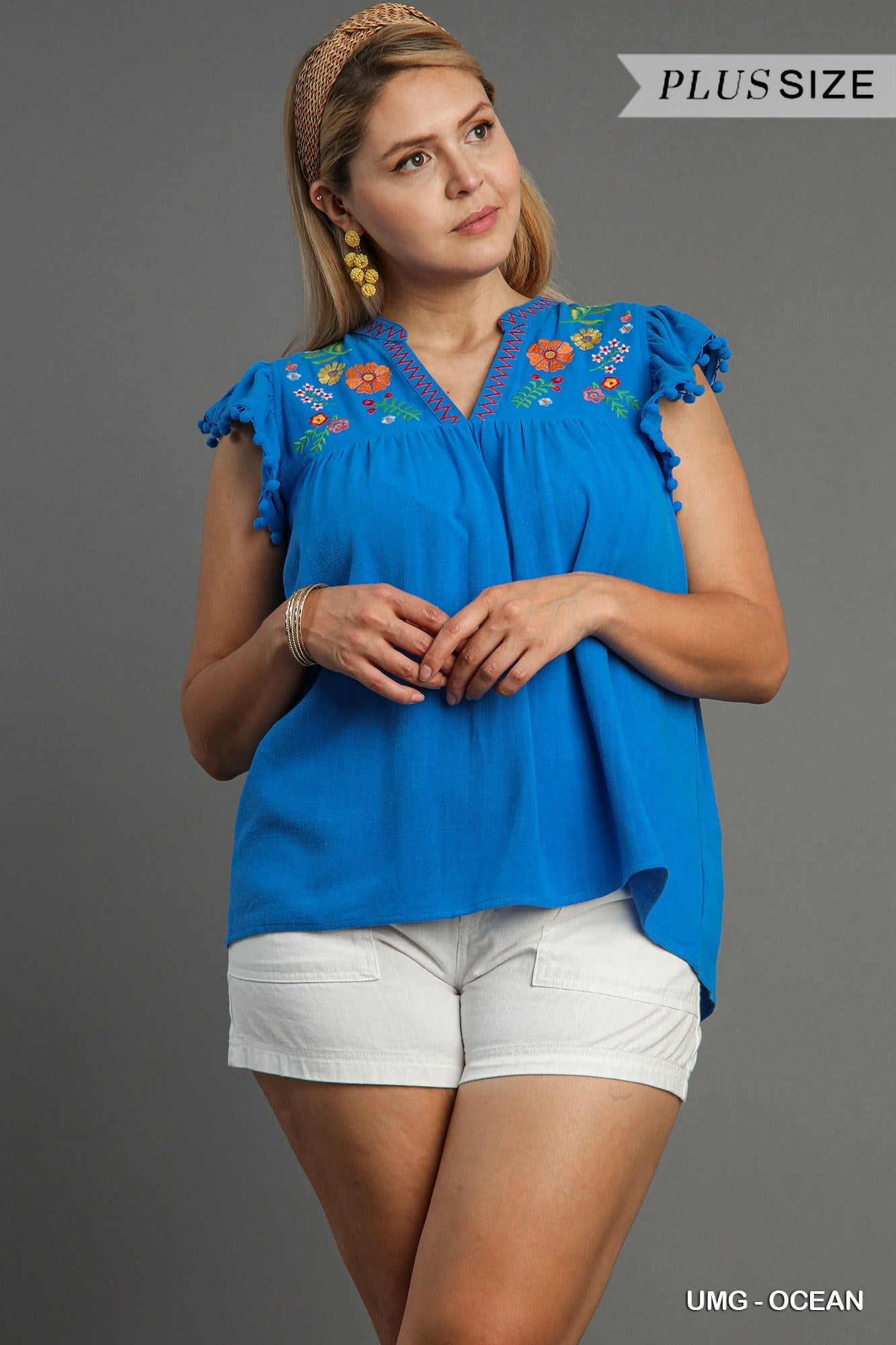 Paige Embroidery & Pom Pom Top Ocean