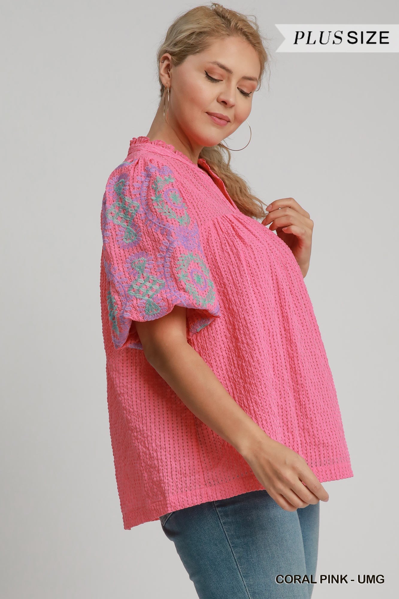 Sutton Embroidered Sleeve Top Coral Pink