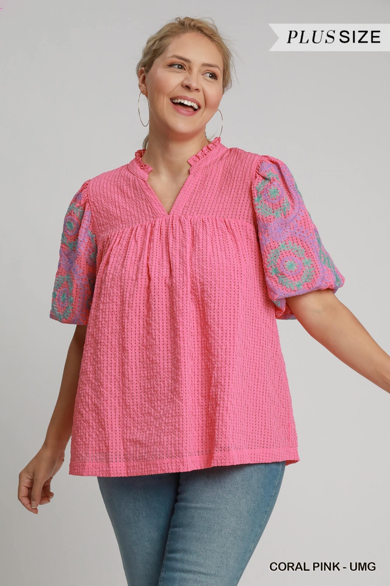 Sutton Embroidered Sleeve Top Coral Pink