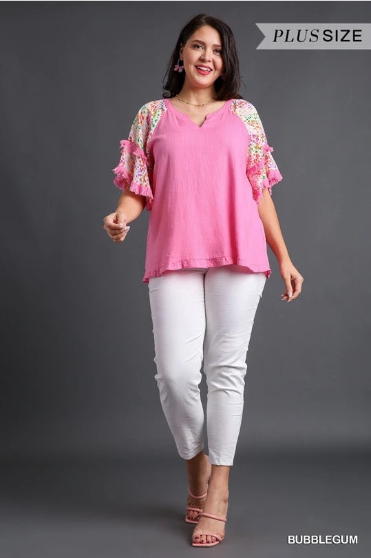 Darcy Double Flutter Sleeve Top Bubble Gum