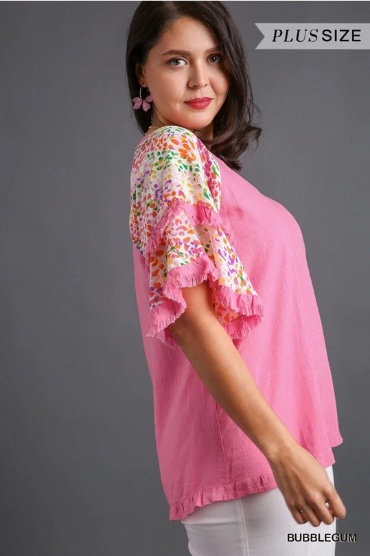 Darcy Double Flutter Sleeve Top Bubble Gum