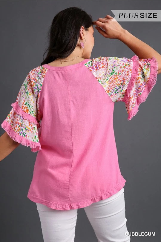 Darcy Double Flutter Sleeve Top Bubble Gum