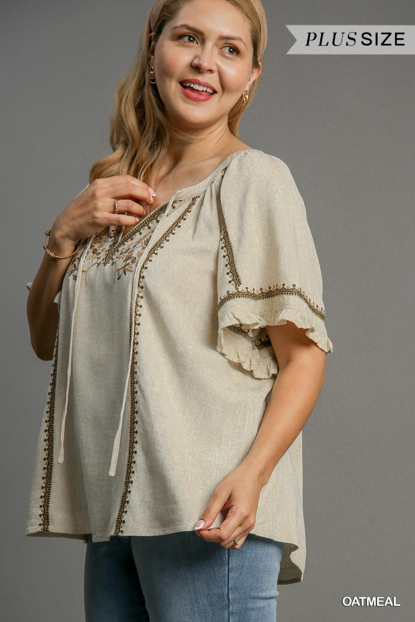 Maire Embroidery Tassel Tie Top Oatmeal