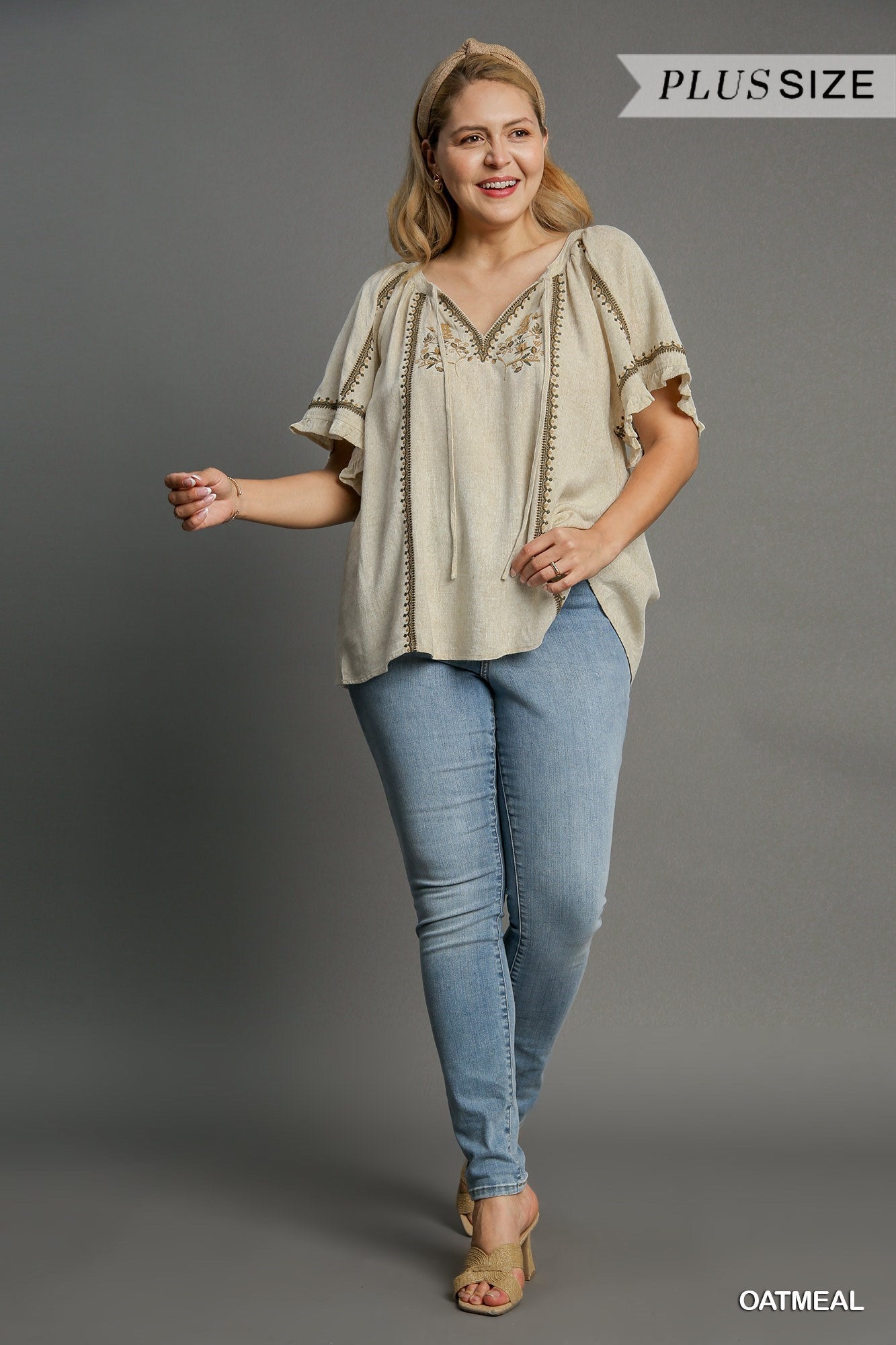 Maire Embroidery Tassel Tie Top Oatmeal