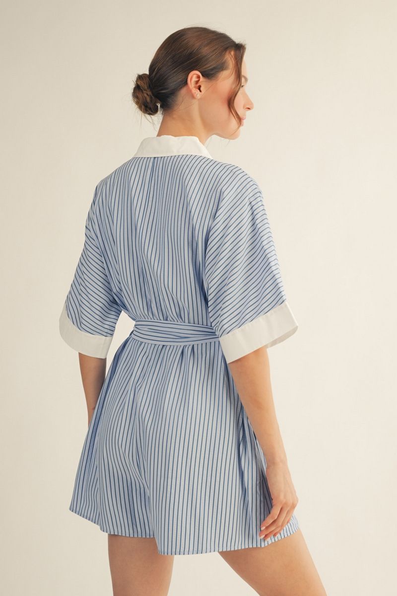 Dana Drop Shoulder Button Down Stripe Romper Sky Blue