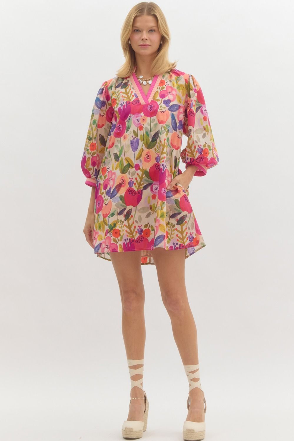 Rachael Floral 3/4 Sleeve Mini Dress Berry