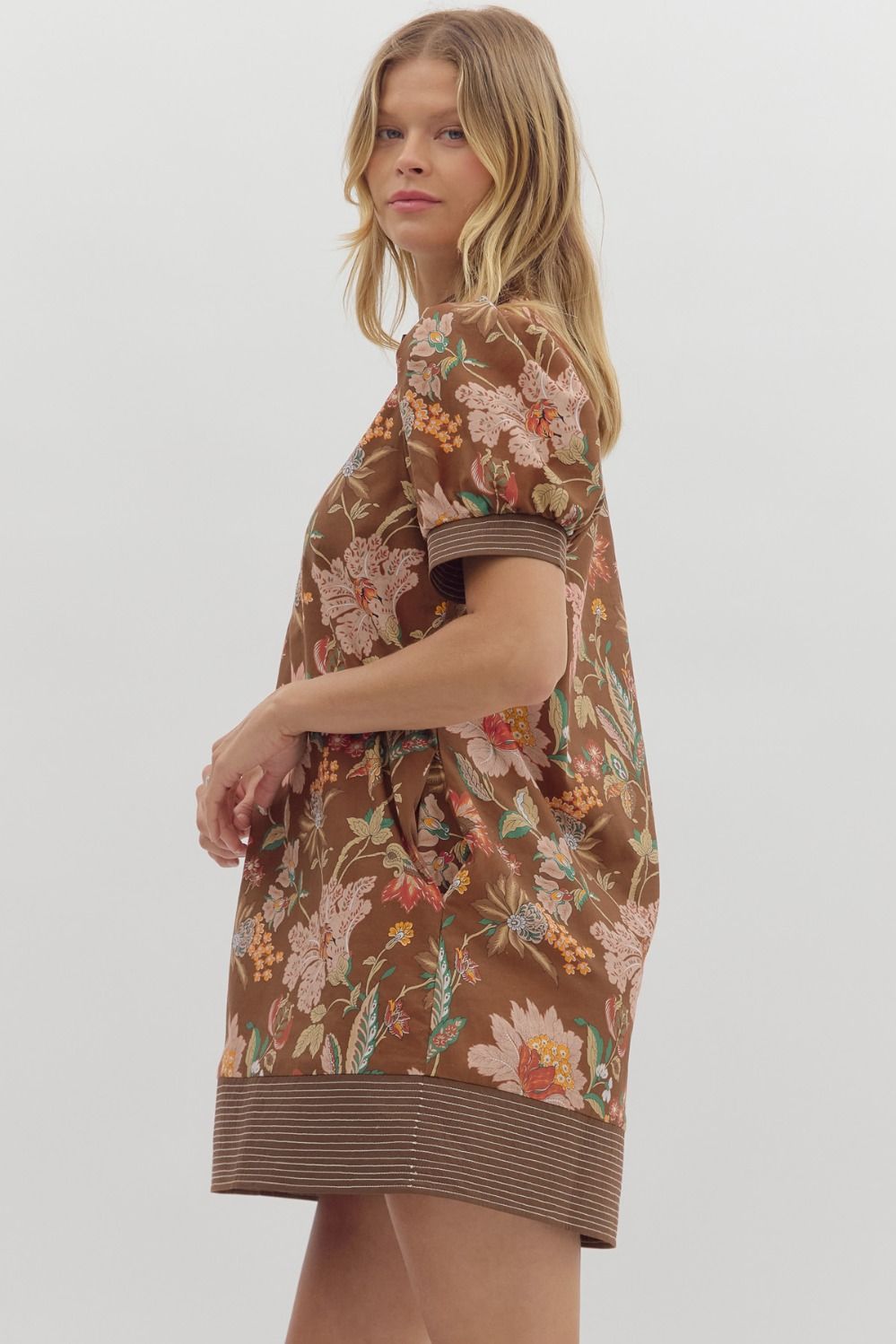 Penelope Floral Puff Sleeve Mini Dress Brown