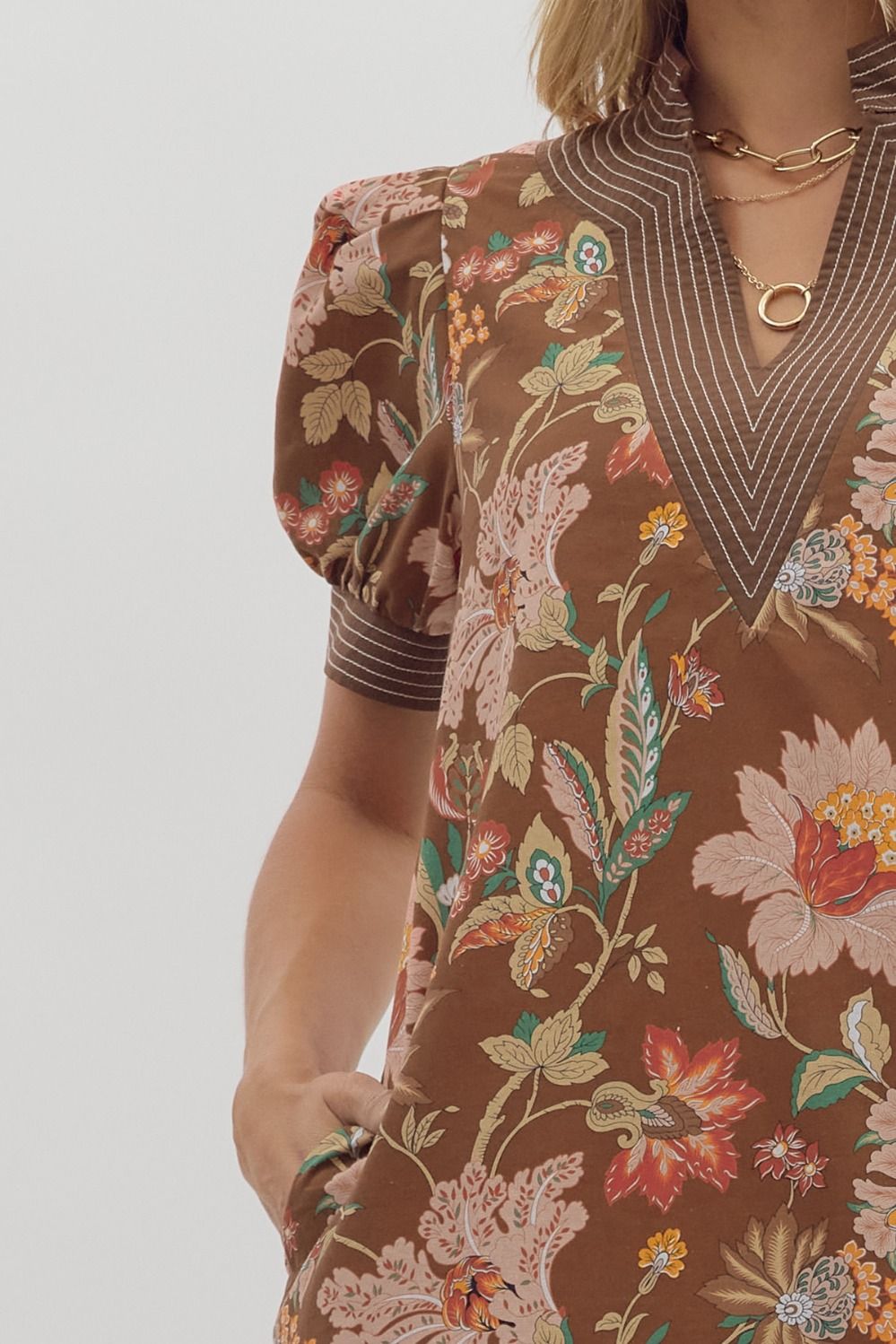 Penelope Floral Puff Sleeve Mini Dress Brown