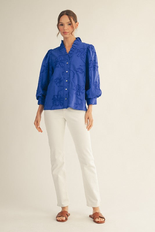 Bobbi Button Down 3D Floral Top Royal Blue