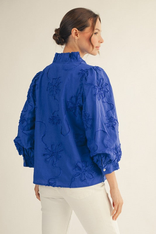 Bobbi Button Down 3D Floral Top Royal Blue