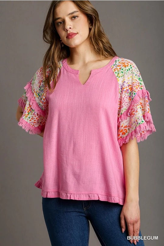 Darcy Double Flutter Sleeve Top Bubble Gum