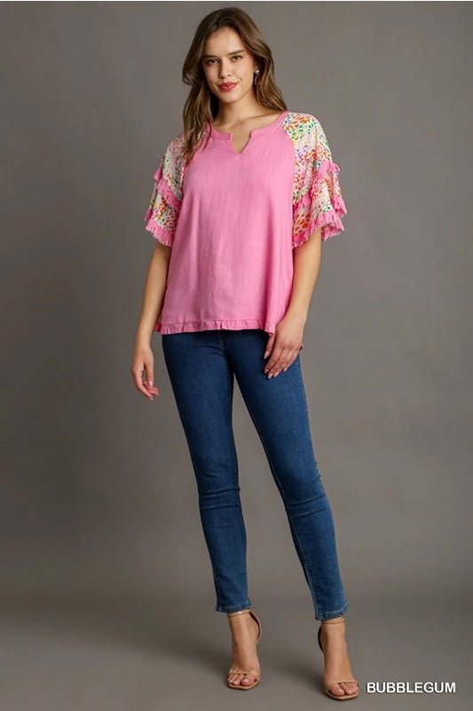 Darcy Double Flutter Sleeve Top Bubble Gum