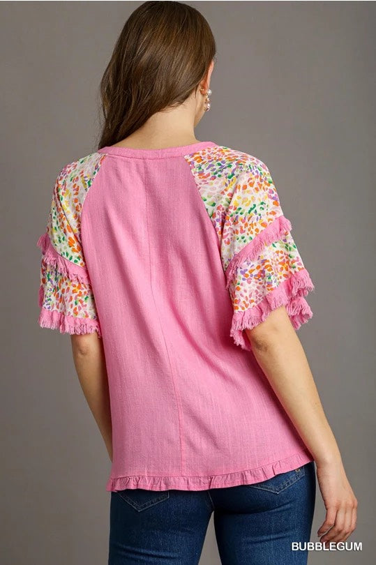 Darcy Double Flutter Sleeve Top Bubble Gum