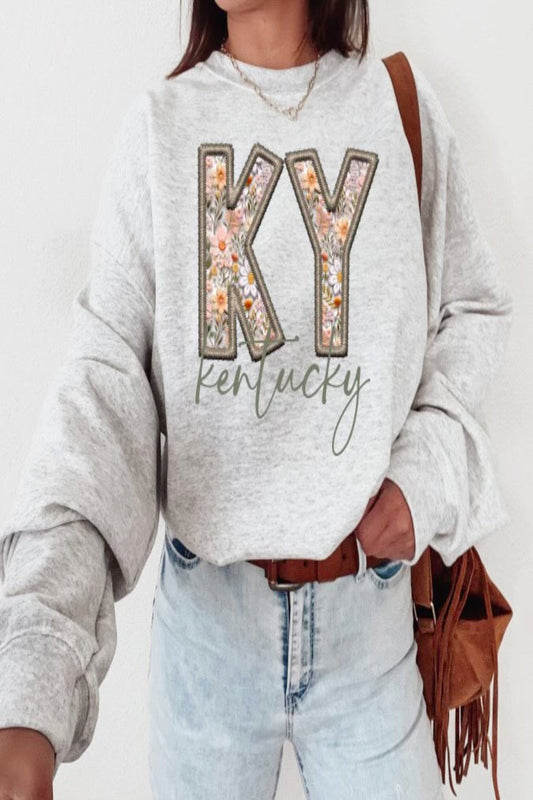 Kentucky Floral Faux Embroidery Sweatshirt Ash