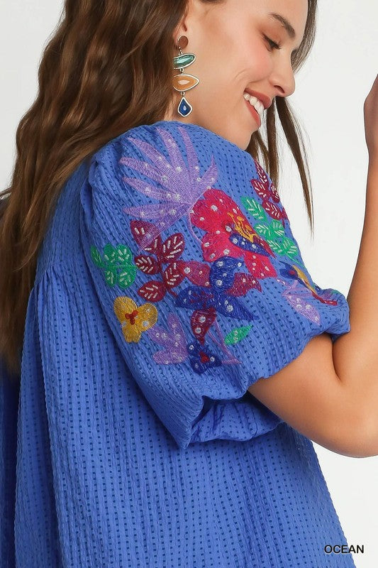 Emma Embroidery Sleeve Top Ocean