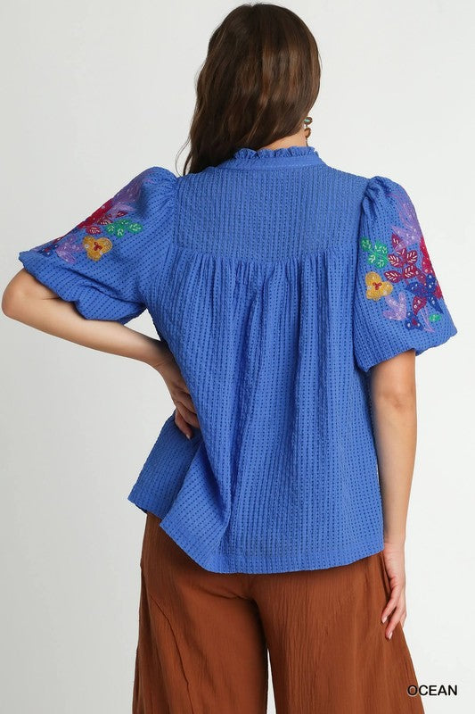 Emma Embroidery Sleeve Top Ocean