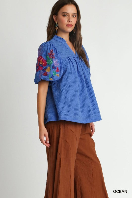 Emma Embroidery Sleeve Top Ocean