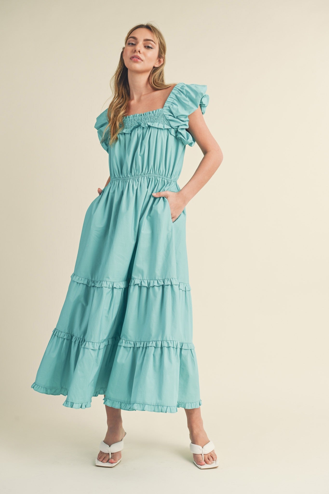 Brook Bubble Sleeve Ruffled Midi Dress Turquoise