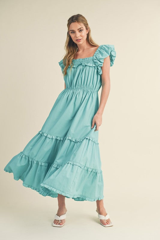 Brook Bubble Sleeve Ruffled Midi Dress Turquoise