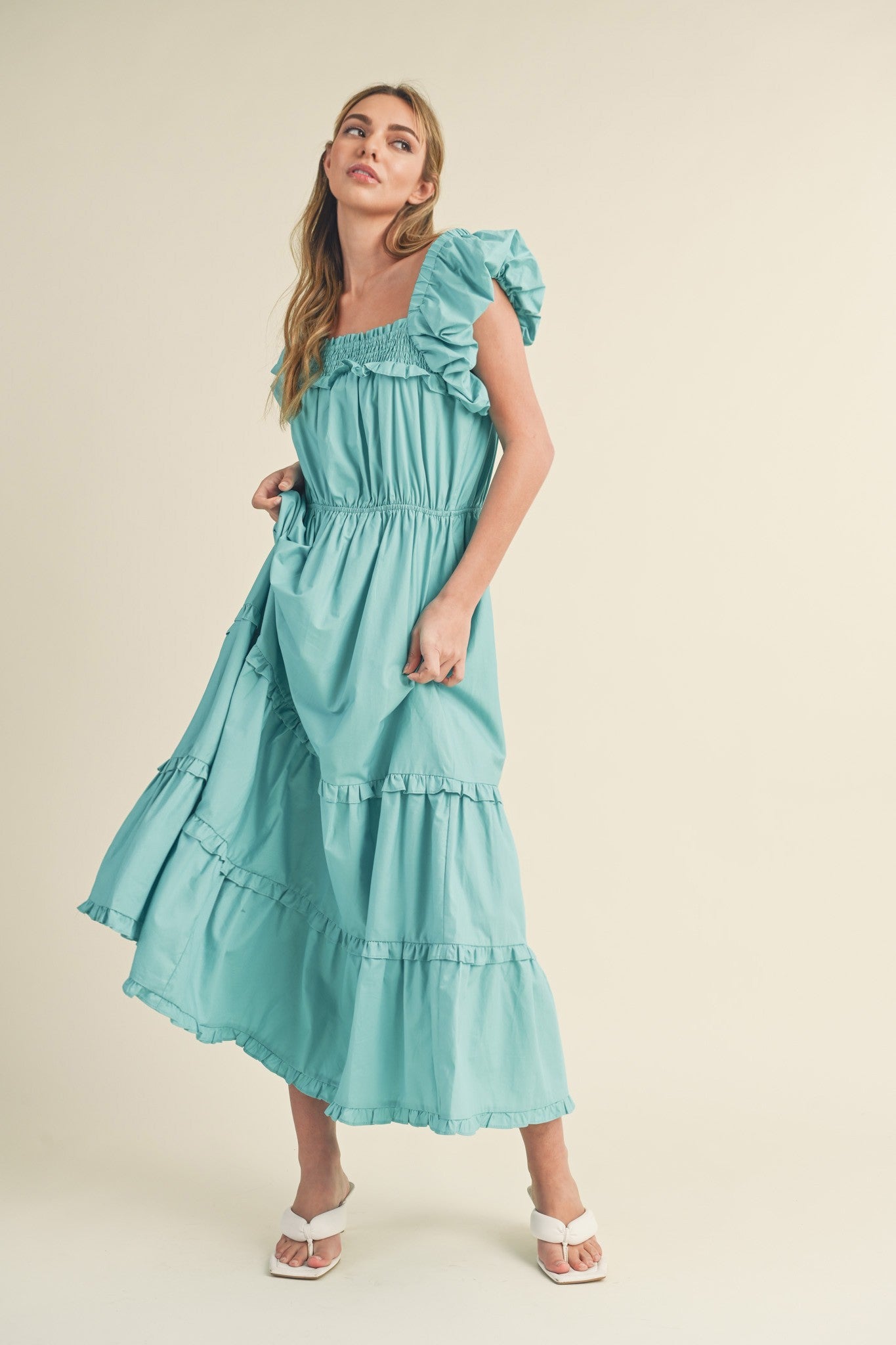 Brook Bubble Sleeve Ruffled Midi Dress Turquoise