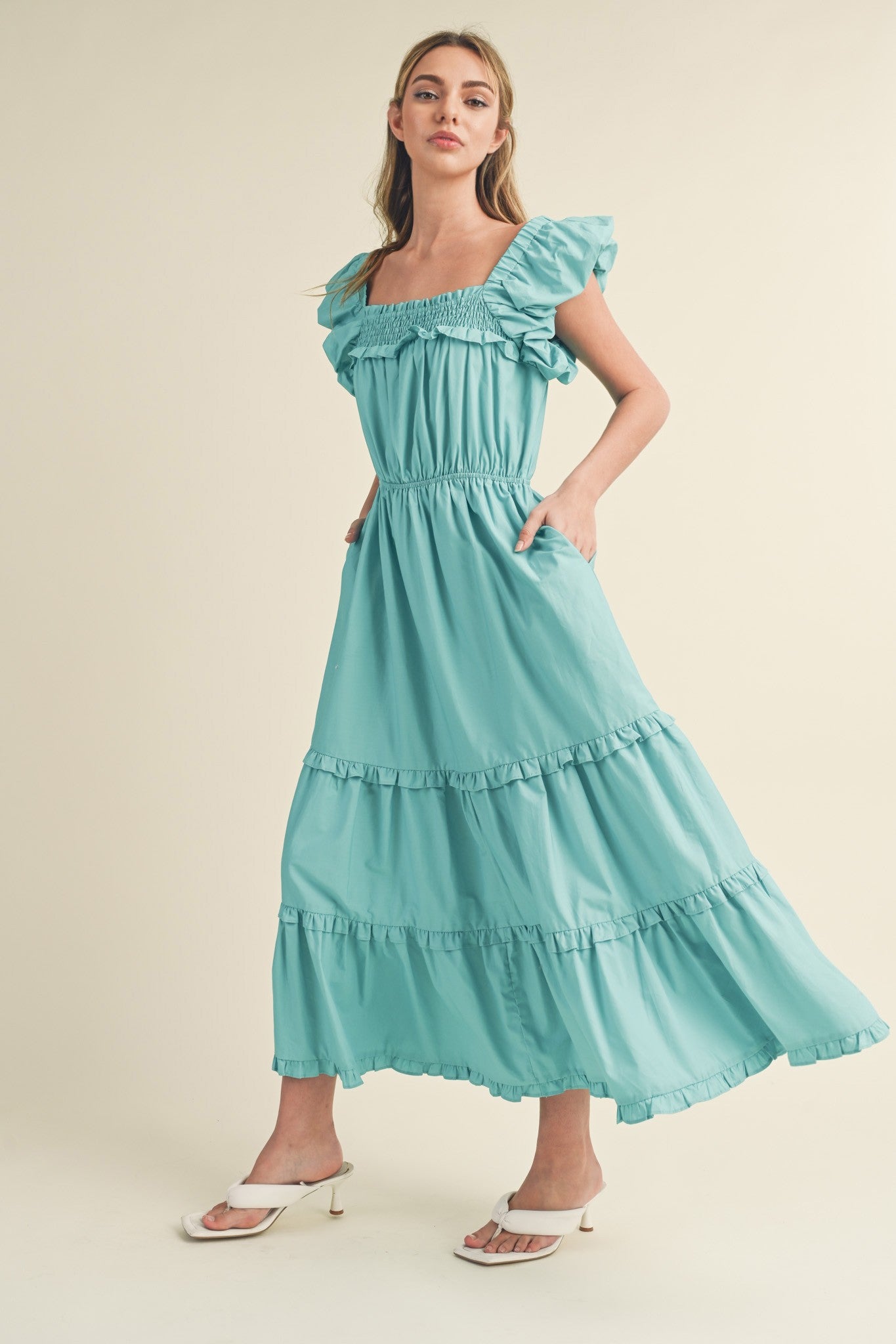 Brook Bubble Sleeve Ruffled Midi Dress Turquoise