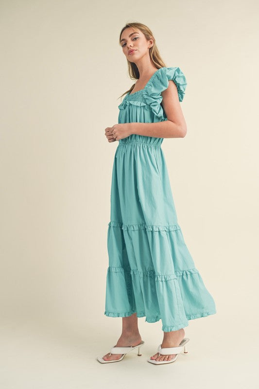 Brook Bubble Sleeve Ruffled Midi Dress Turquoise