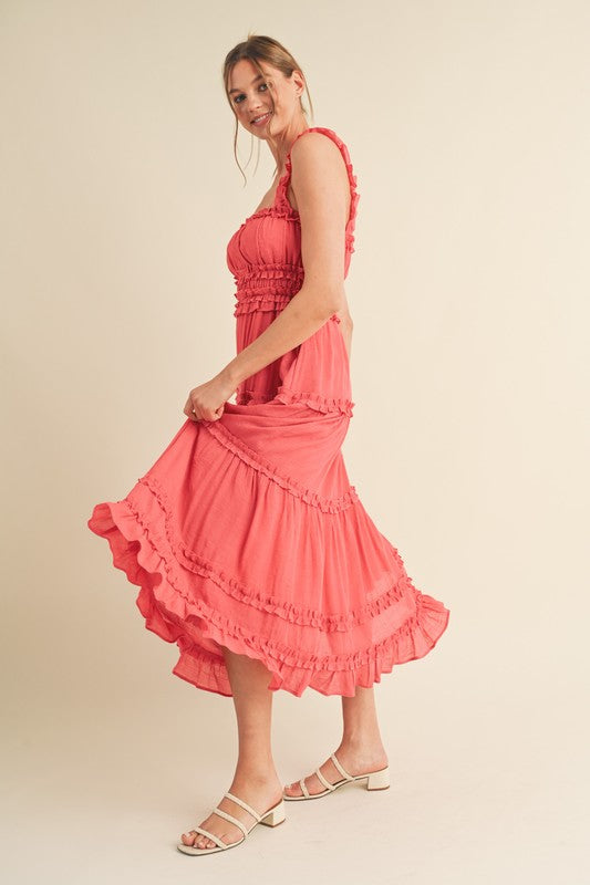 Riley Ruffled Midi Dress Coral Red