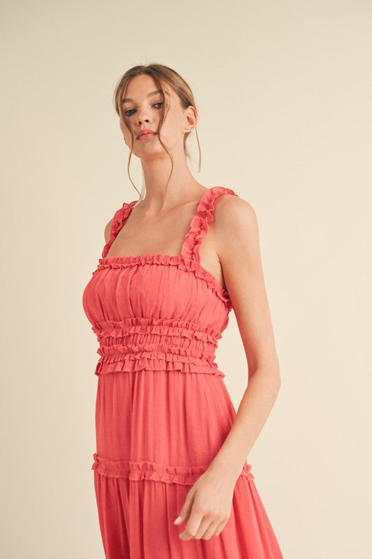 Riley Ruffled Midi Dress Coral Red