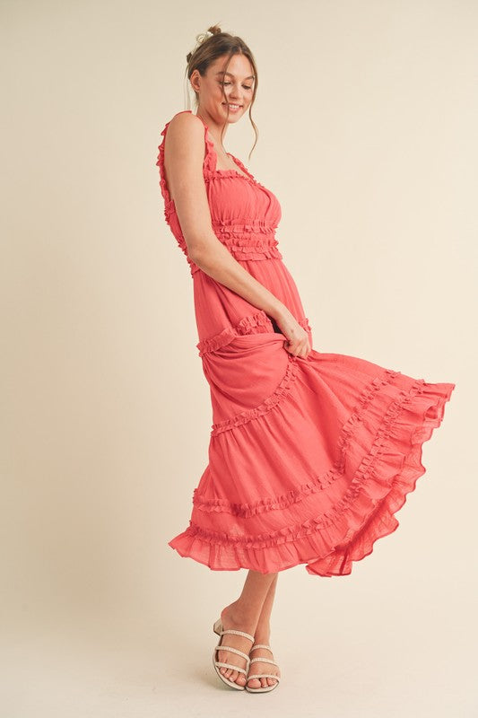 Riley Ruffled Midi Dress Coral Red