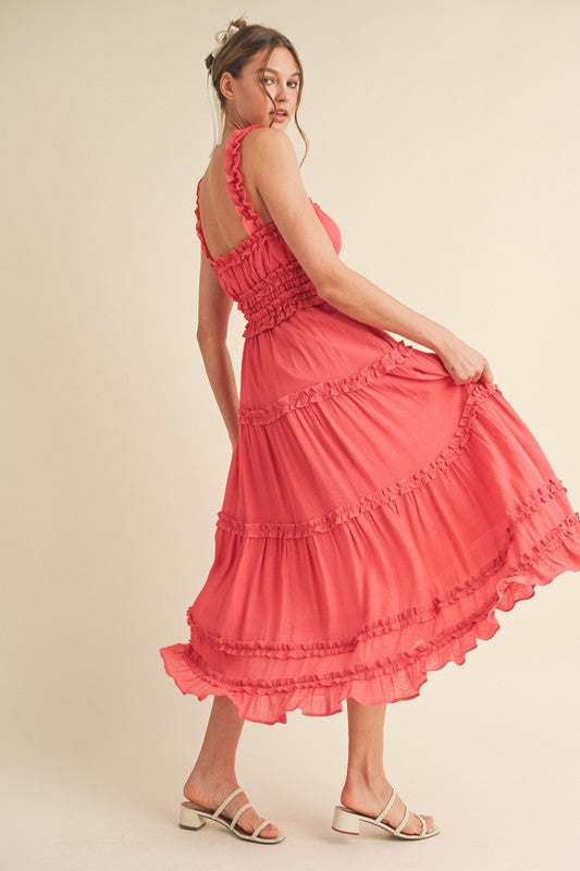 Riley Ruffled Midi Dress Coral Red