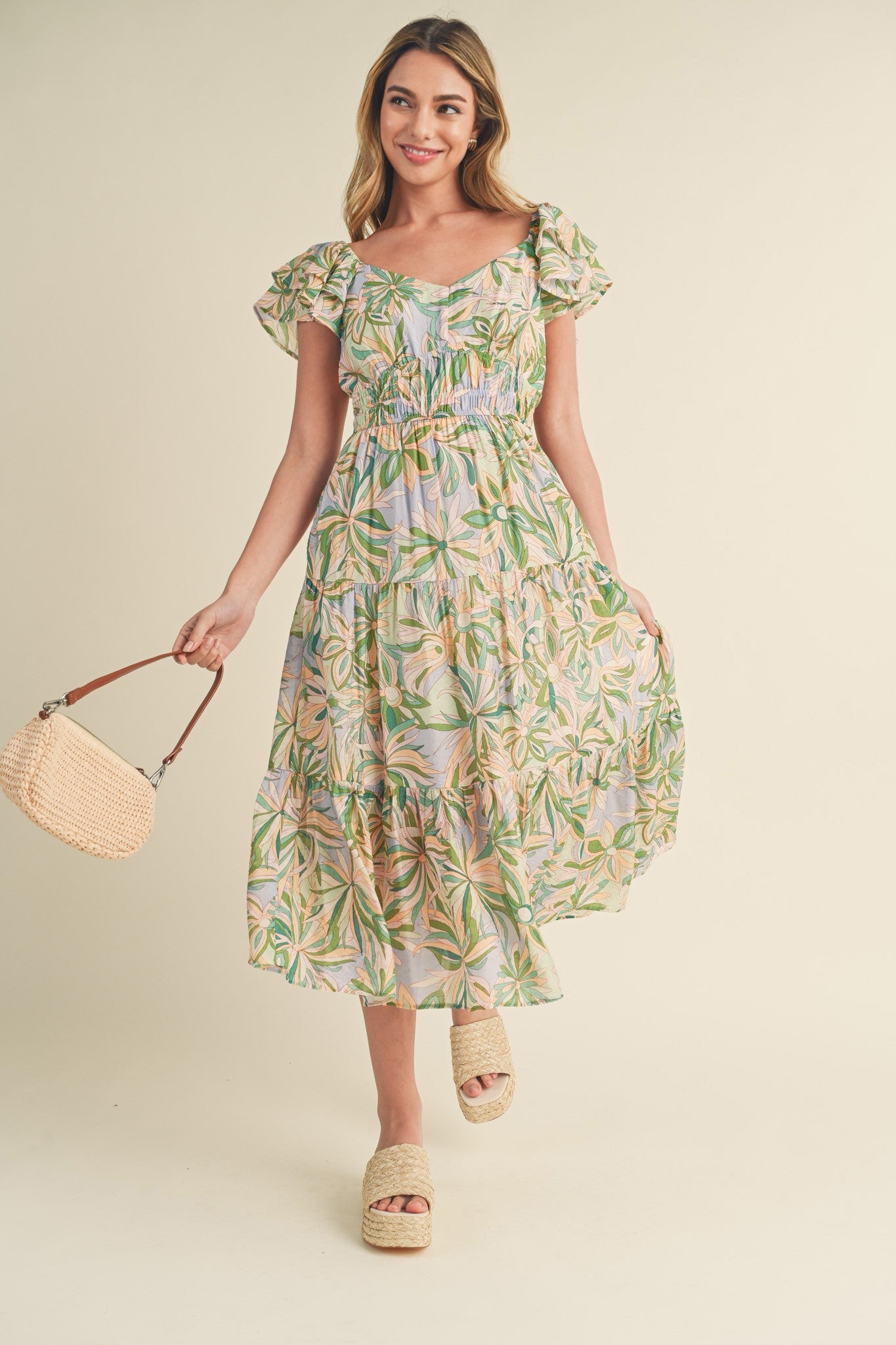 Frances Floral Print Smocked Cut Out Back Midi Dress Sage