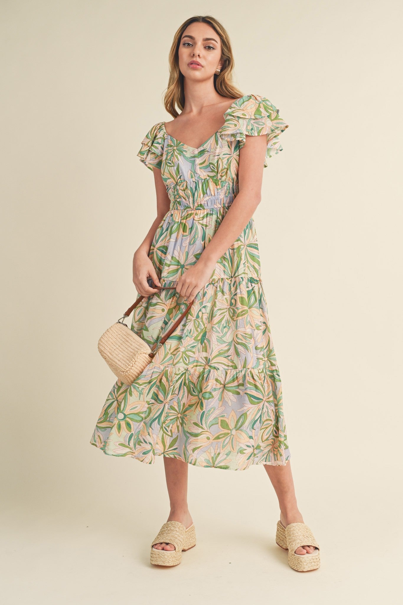 Frances Floral Print Smocked Cut Out Back Midi Dress Sage