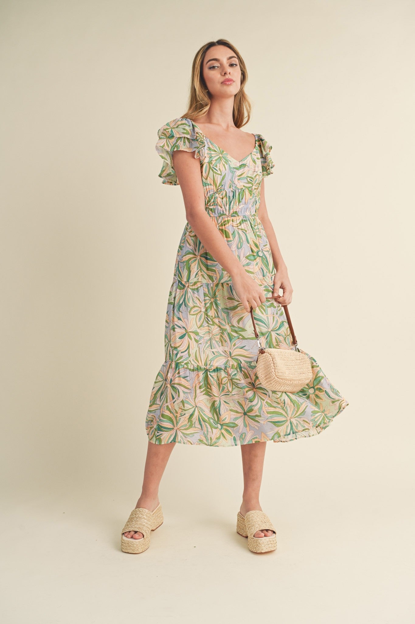 Frances Floral Print Smocked Cut Out Back Midi Dress Sage