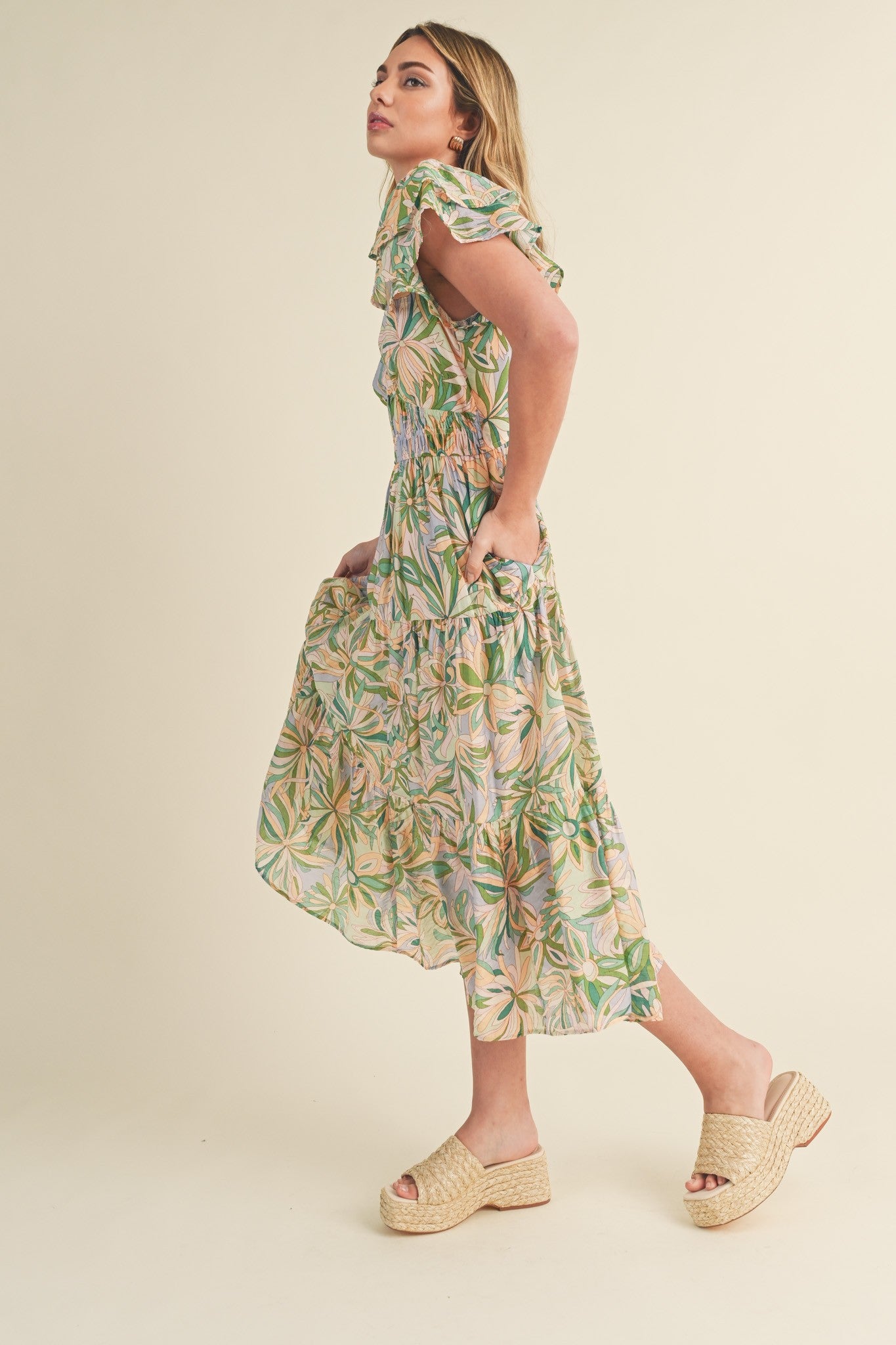 Frances Floral Print Smocked Cut Out Back Midi Dress Sage