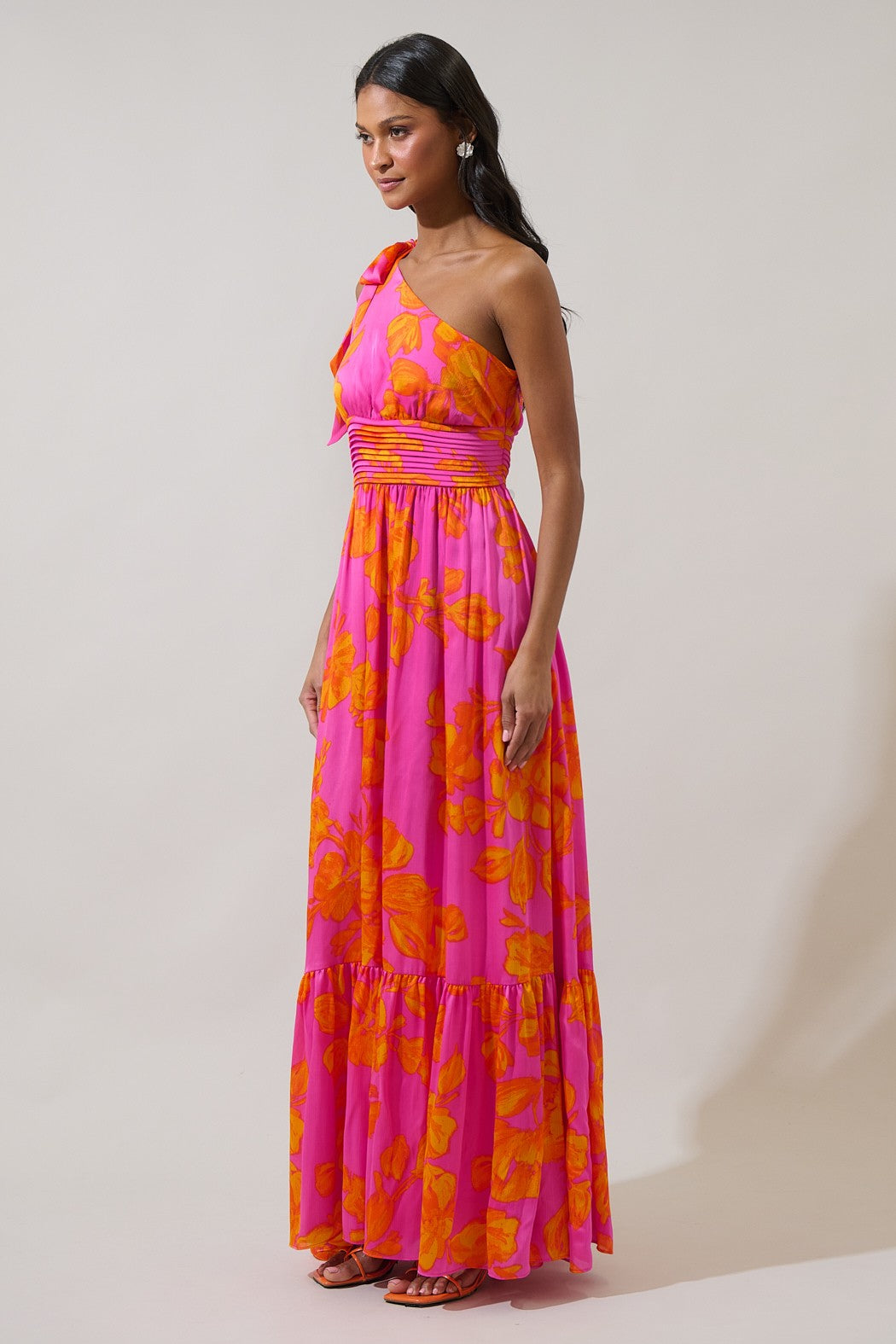 Shameika Floral Bayou One Shoulder Dress Neon Orange & Pink  Boutique 54