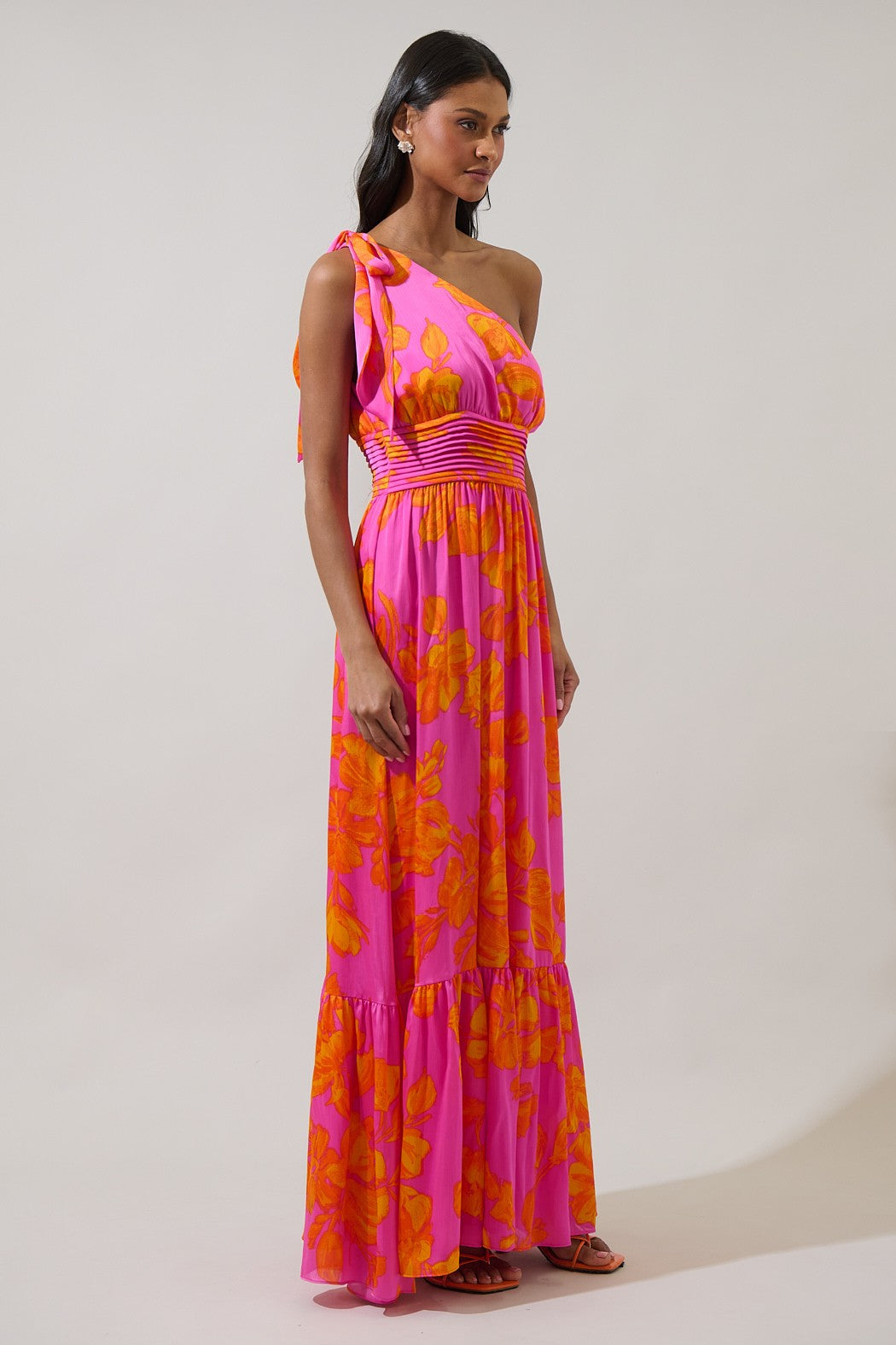 Shameika Floral Bayou One Shoulder Dress Neon Orange & Pink