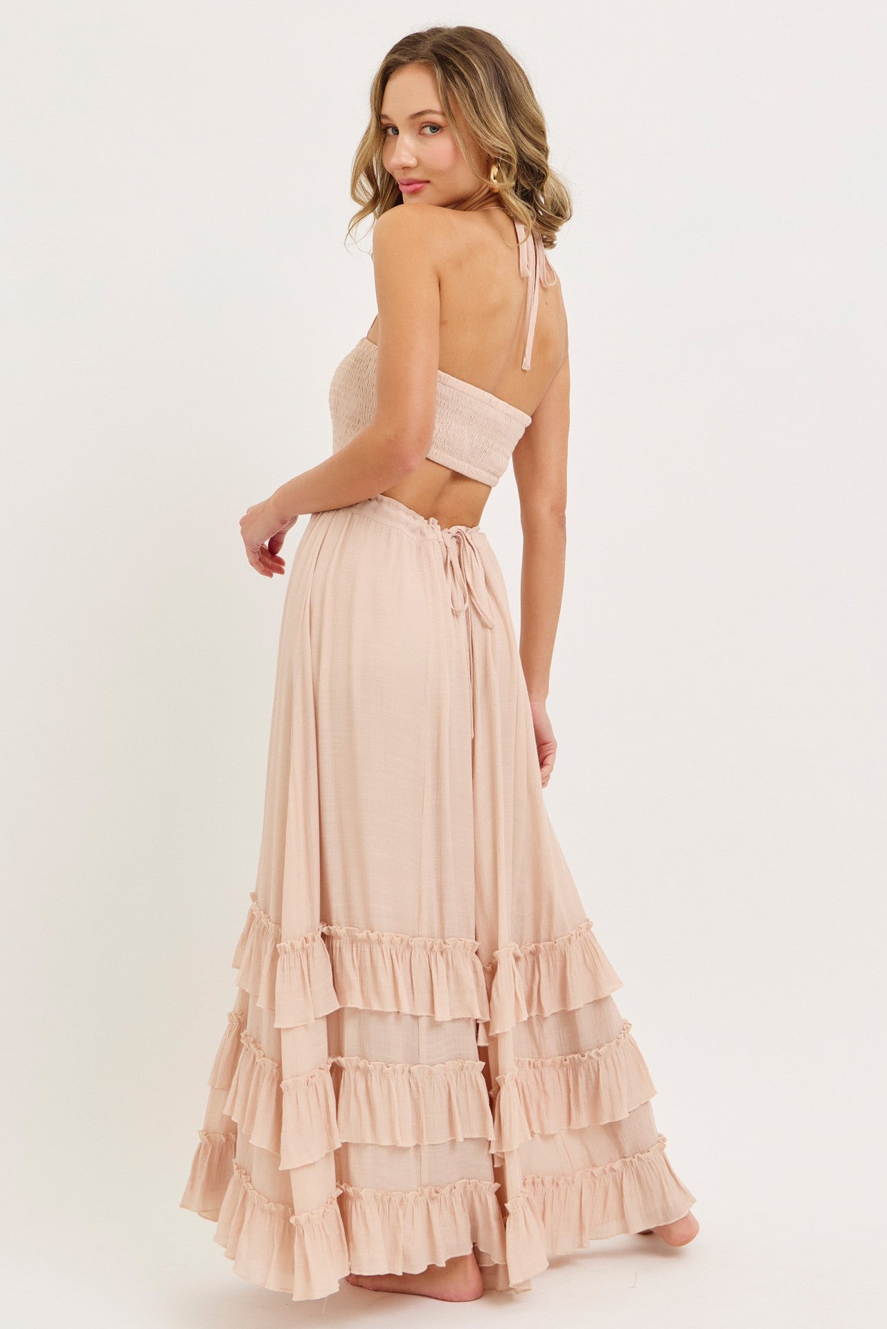 Boho Baby Halter Smocked Bodice Ruffled Tiered Maxi Dress Blush Nude