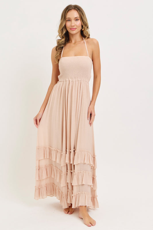 Boho Baby Halter Smocked Bodice Ruffled Tiered Maxi Dress Blush Nude