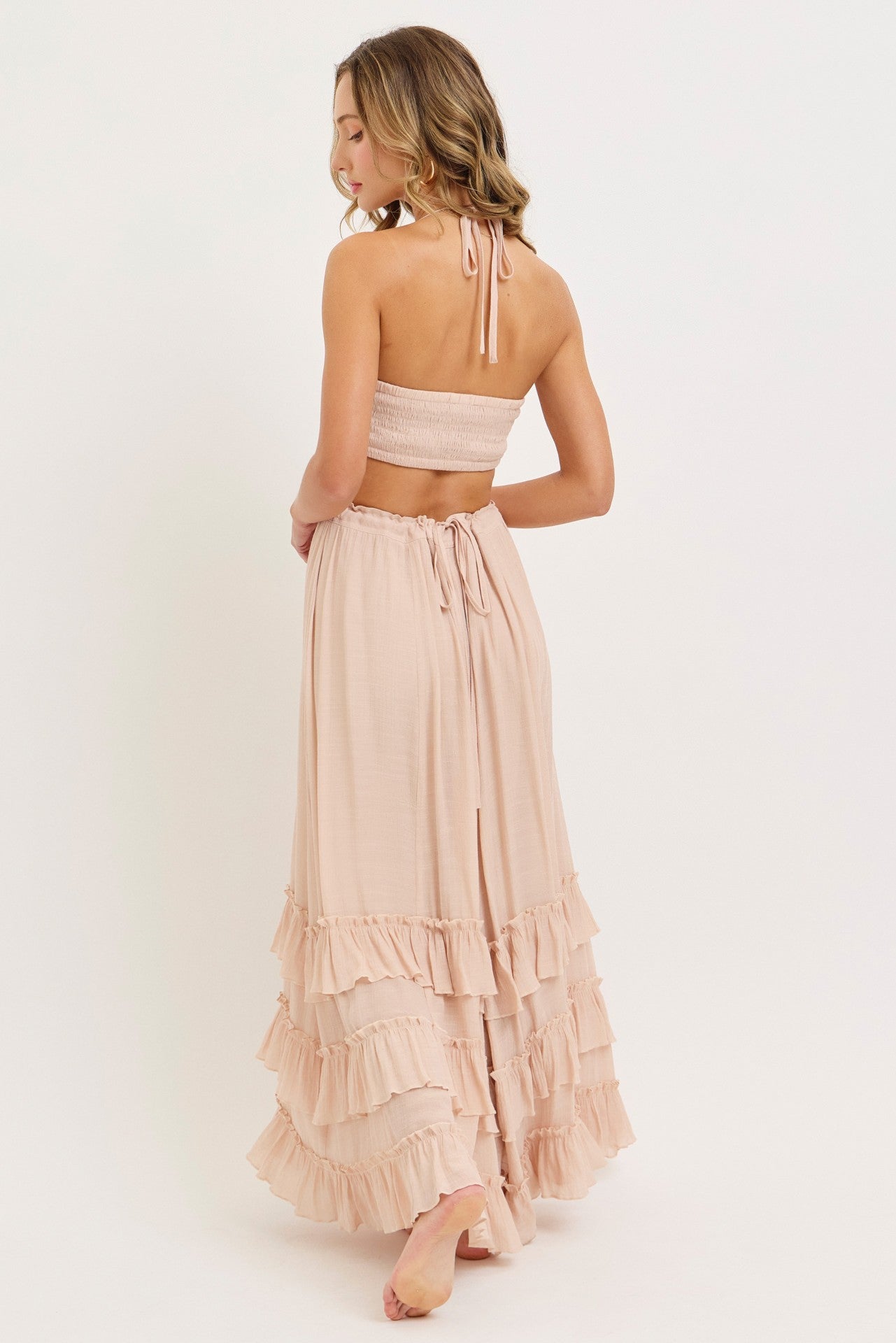 Boho Baby Halter Smocked Bodice Ruffled Tiered Maxi Dress Blush Nude