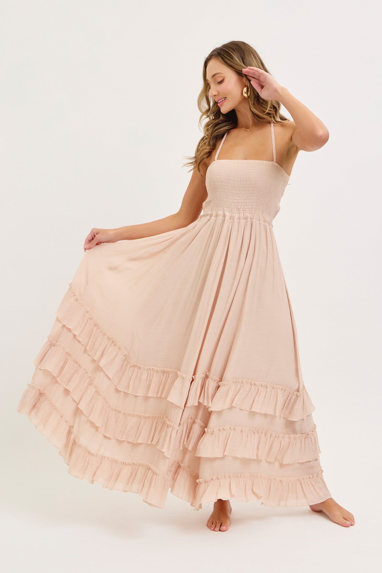 Boho Baby Halter Smocked Bodice Ruffled Tiered Maxi Dress Blush Nude