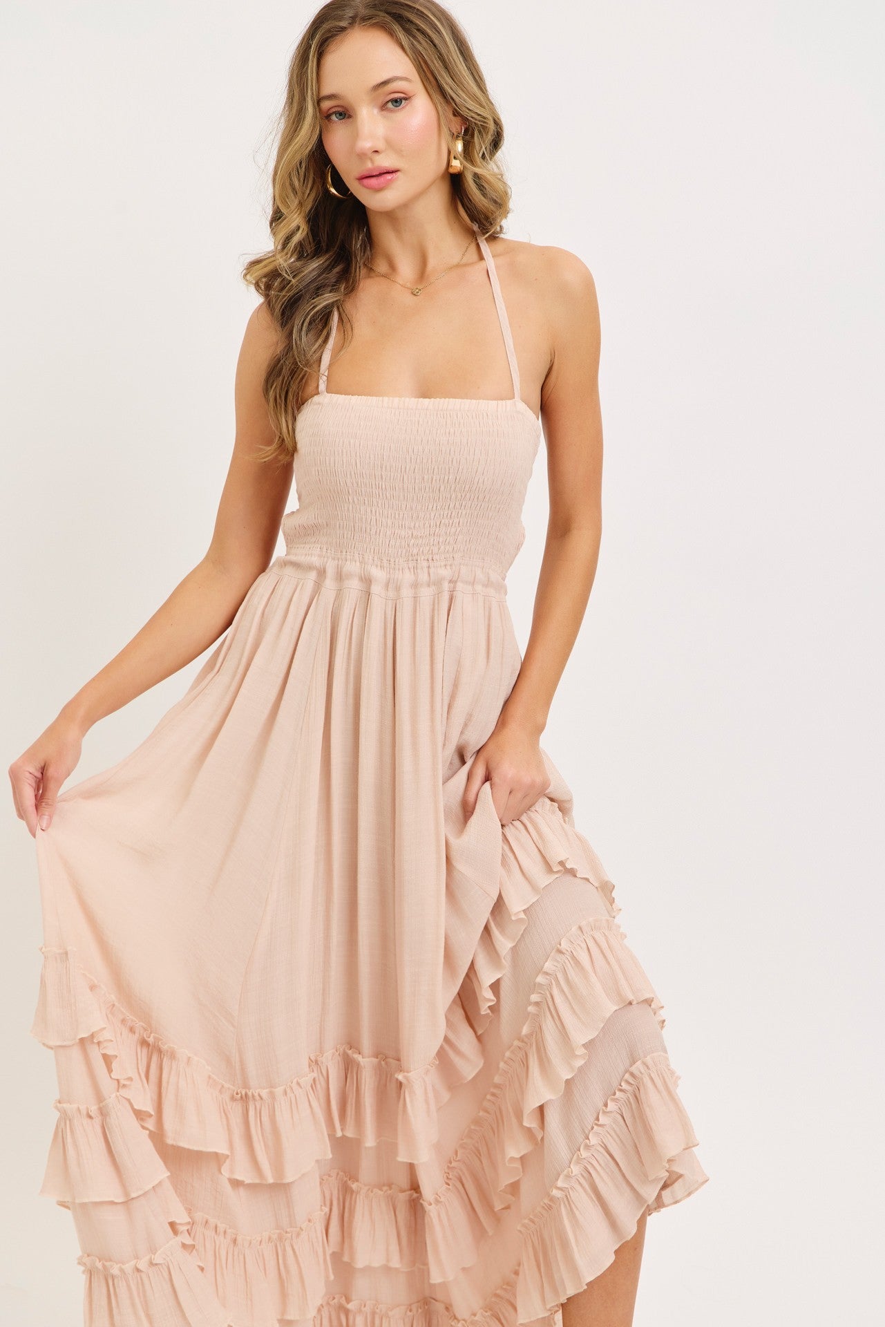 Boho Baby Halter Smocked Bodice Ruffled Tiered Maxi Dress Blush Nude